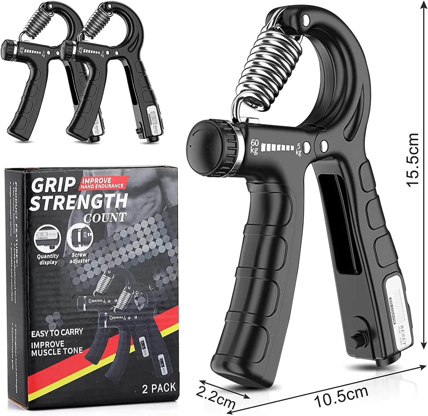2 Pack Adjustable Hand Grip Strengthener for Hand Grip Strength and Wrist Rehabilitation (Resistance 5-60 kg) - Online Only