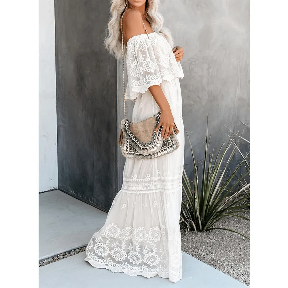 Adelina Off-Shoulder Lace Overlay Tiered Maxi Dress