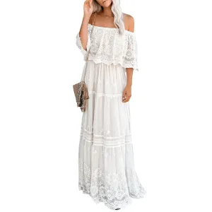 Adelina Off-Shoulder Lace Overlay Tiered Maxi Dress