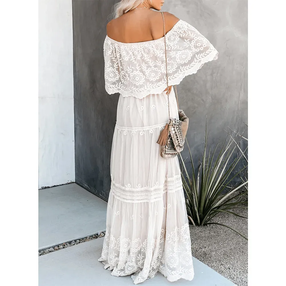 Adelina Off-Shoulder Lace Overlay Tiered Maxi Dress