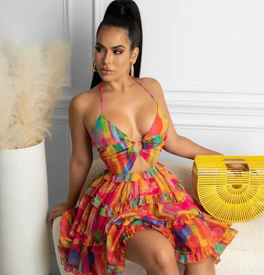 Ana Vibrant Tiered Cutout Halter Tie-Back Mini Dress