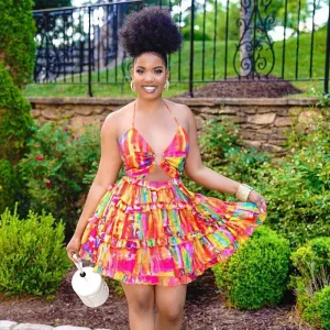 Ana Vibrant Tiered Cutout Halter Tie-Back Mini Dress