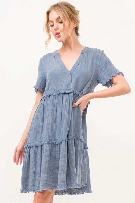 And The Why Washed Frayed Detail Tiered Dress
