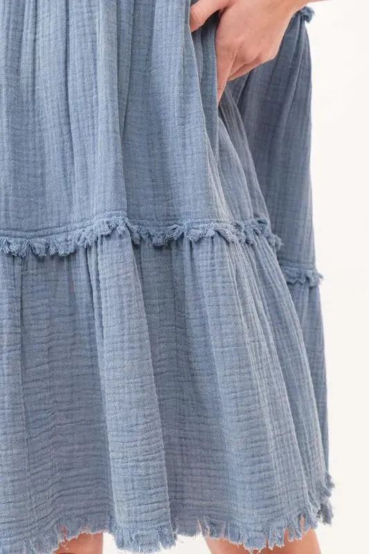 And The Why Washed Frayed Detail Tiered Dress