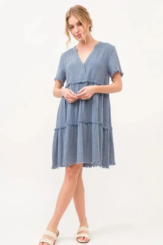 And The Why Washed Frayed Detail Tiered Dress
