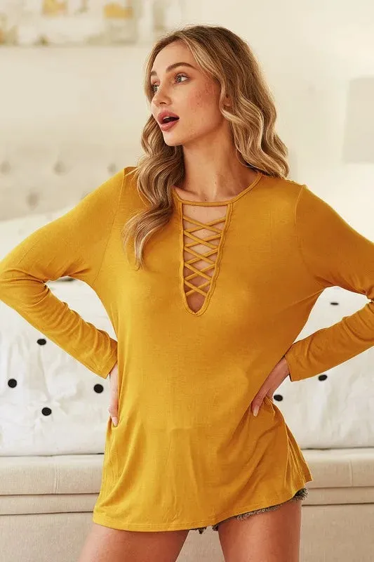 BiBi Jersey Knit Top with Criss Cross Caged Neck Detail