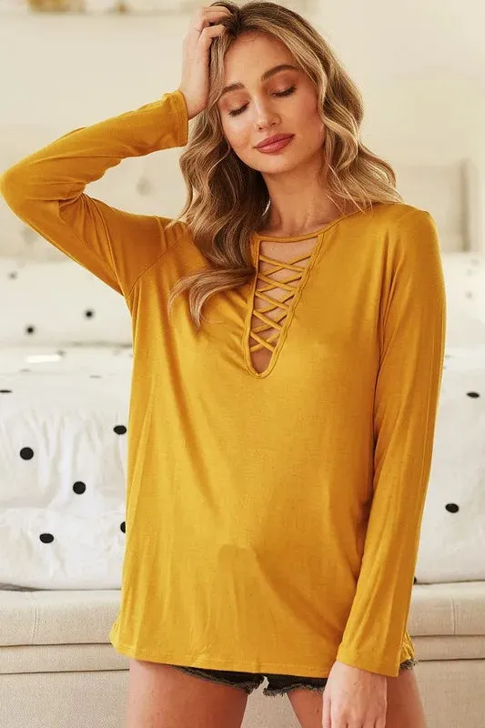 BiBi Jersey Knit Top with Criss Cross Caged Neck Detail