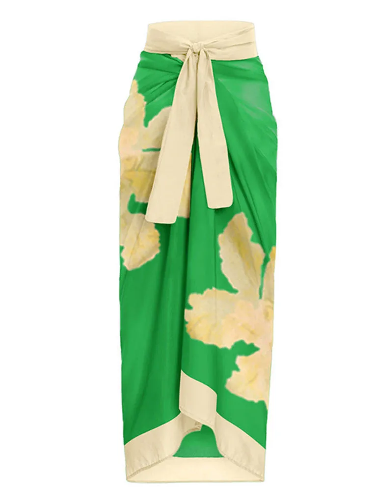 Blue Floral Print Ruffles Strap One Piece With Bathing Suit Wrap Skirt