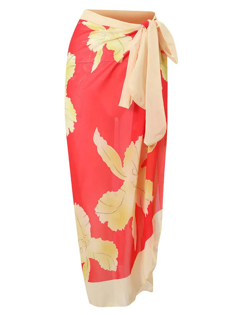 Blue Floral Print Ruffles Strap One Piece With Bathing Suit Wrap Skirt