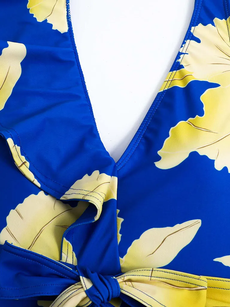 Blue Floral Print Ruffles Strap One Piece With Bathing Suit Wrap Skirt