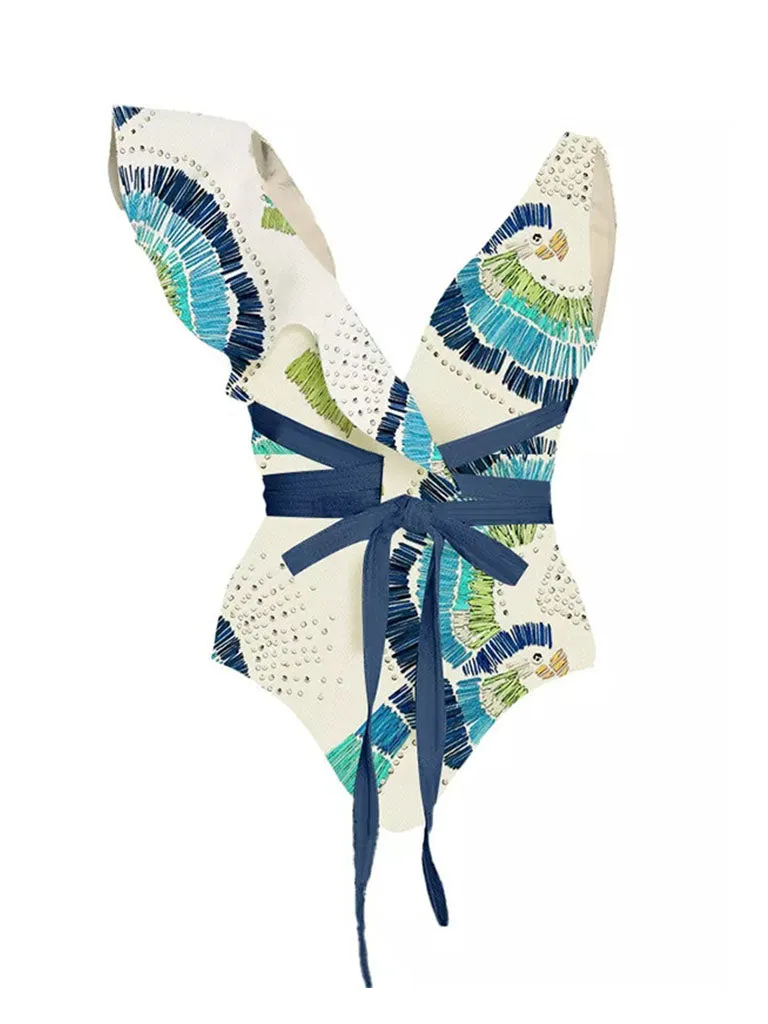 Blue Floral Print Ruffles Strap One Piece With Bathing Suit Wrap Skirt