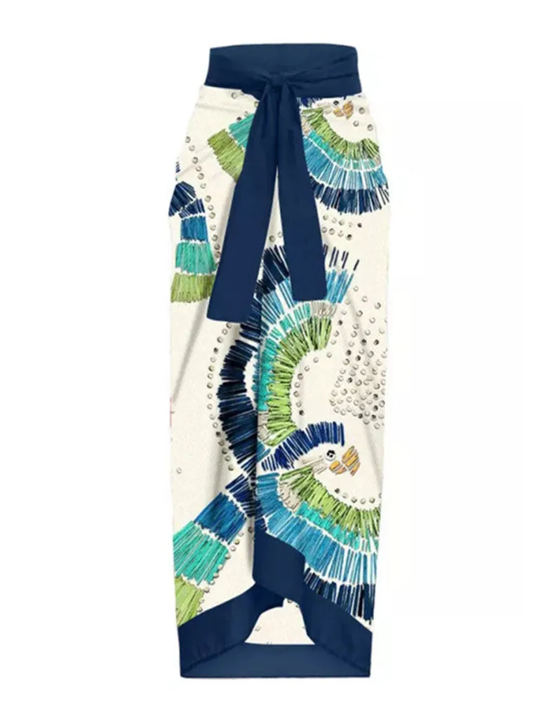 Blue Floral Print Ruffles Strap One Piece With Bathing Suit Wrap Skirt