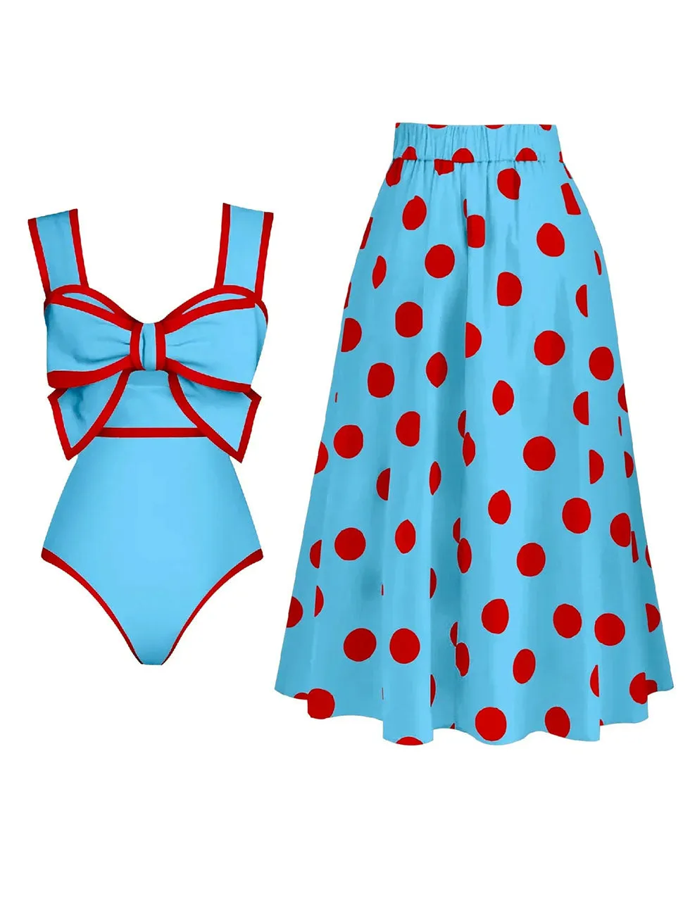 Bow Retro Style One Piece With Polka Dots Bathing Suit Swing Skirt