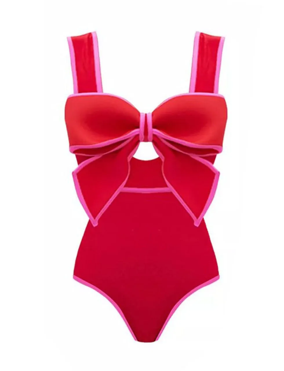 Bow Retro Style One Piece With Polka Dots Bathing Suit Swing Skirt
