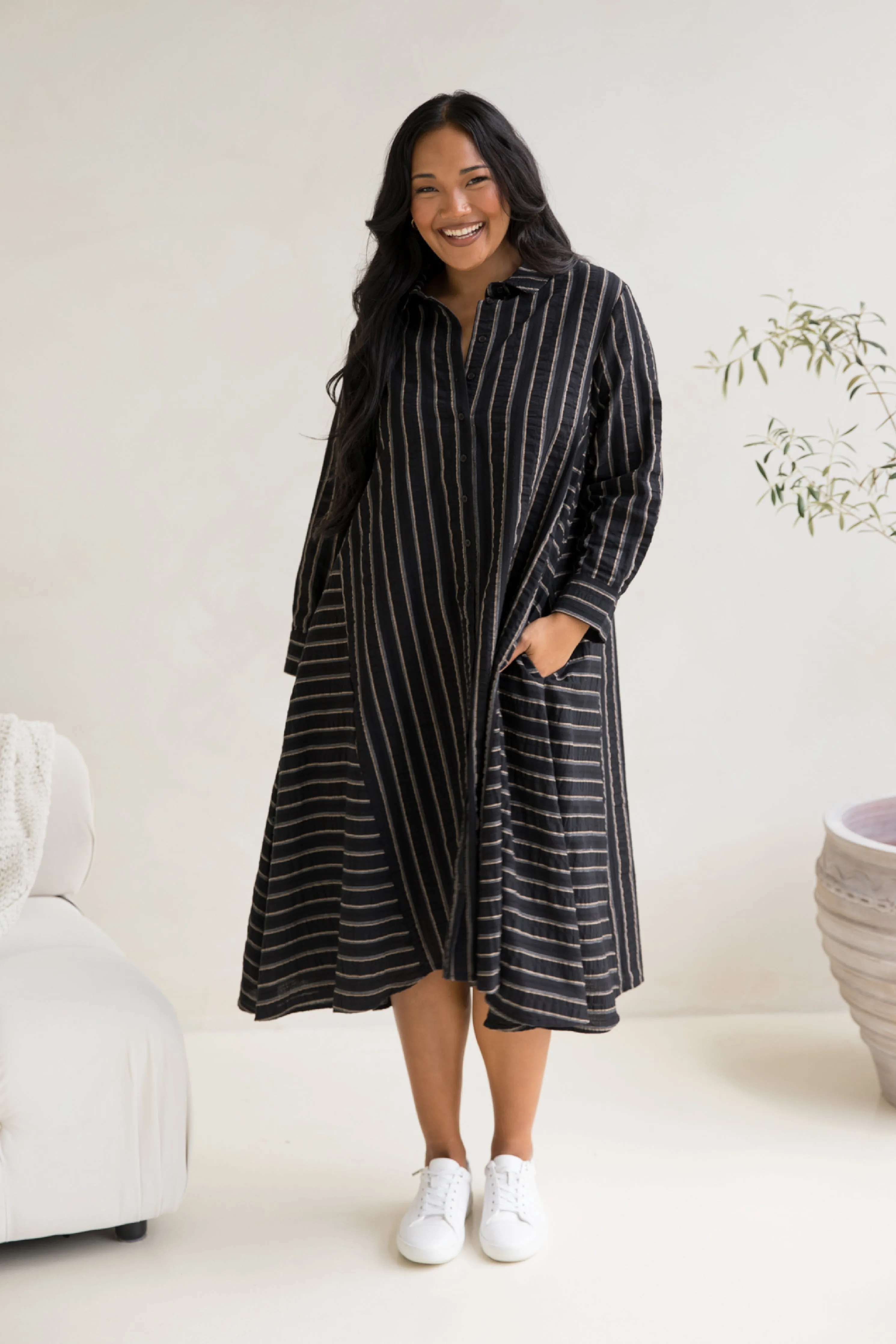 Cadillia Dress | Black/Beige Stripe | FINAL SALE