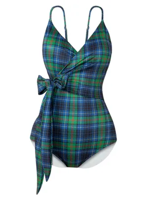Christmas Green Plaid V Neck One Piece Swimsuit