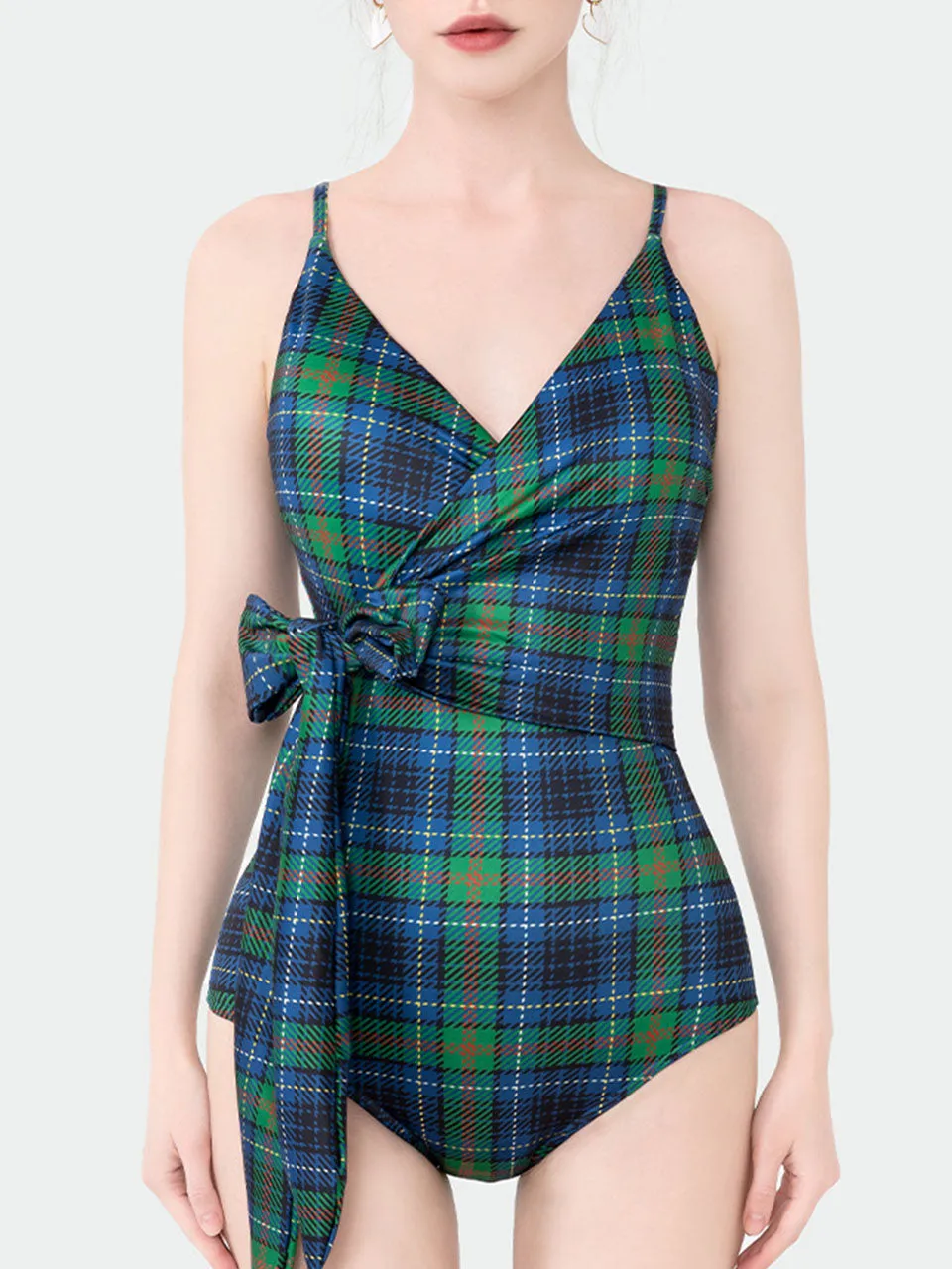 Christmas Green Plaid V Neck One Piece Swimsuit