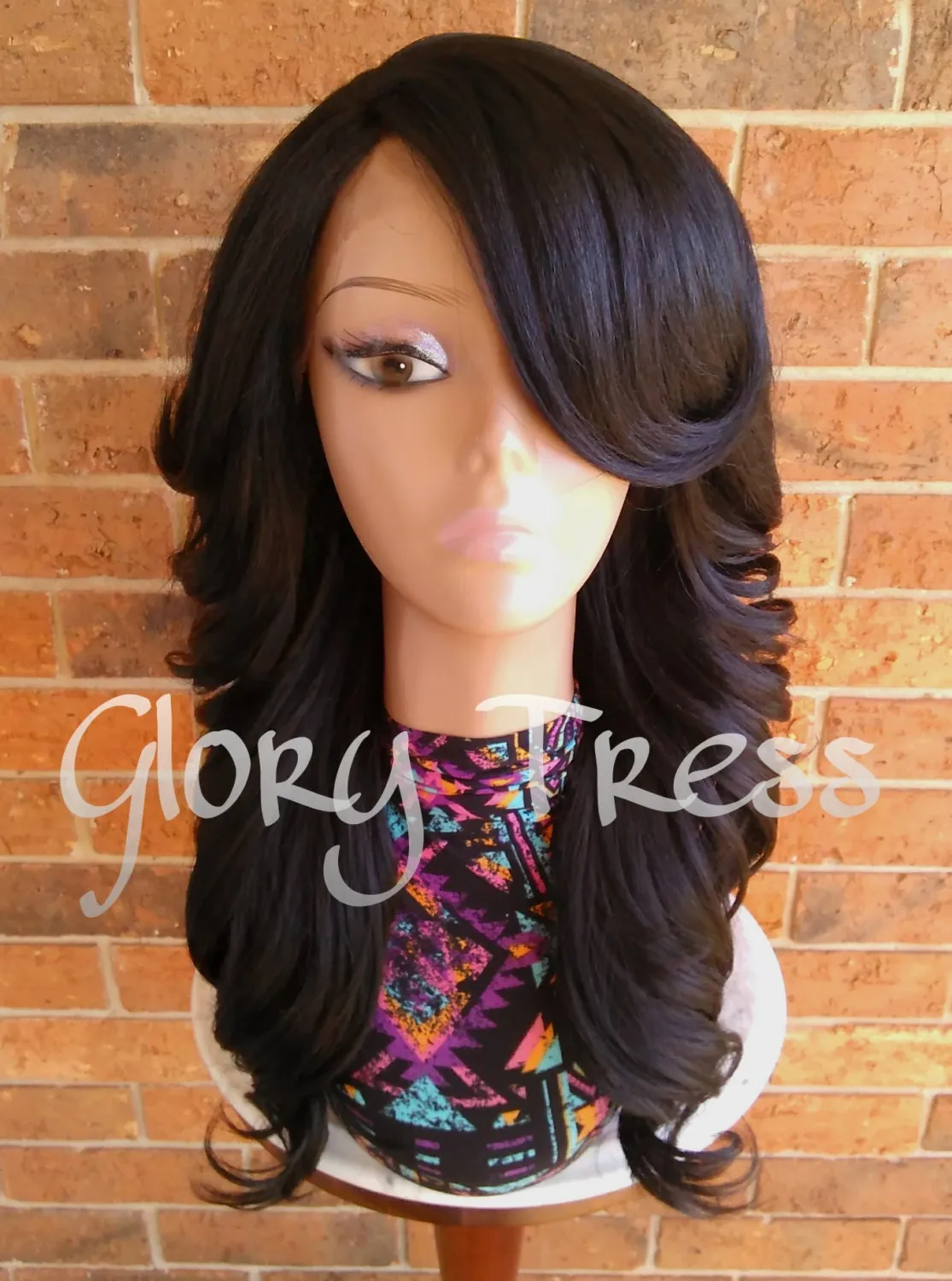 Curly Lace Front Wig, Glory Tress, Black Wig, Wig With Bangs, Heat Safe // SALVATION