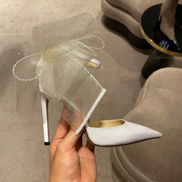 Elegant Silk Buckle Strap Bowknot Mesh Sandals Pointed Toe Stiletto Heel Marry Jane Shoes