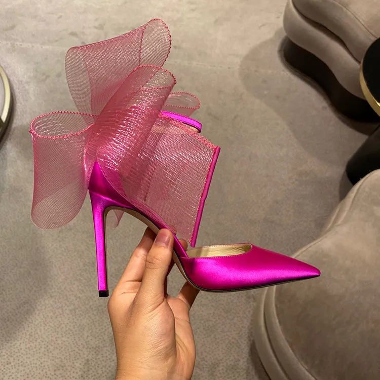 Elegant Silk Buckle Strap Bowknot Mesh Sandals Pointed Toe Stiletto Heel Marry Jane Shoes