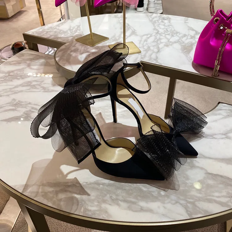 Elegant Silk Buckle Strap Bowknot Mesh Sandals Pointed Toe Stiletto Heel Marry Jane Shoes