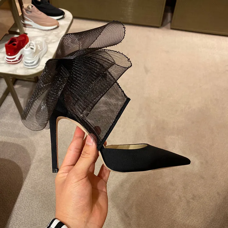 Elegant Silk Buckle Strap Bowknot Mesh Sandals Pointed Toe Stiletto Heel Marry Jane Shoes