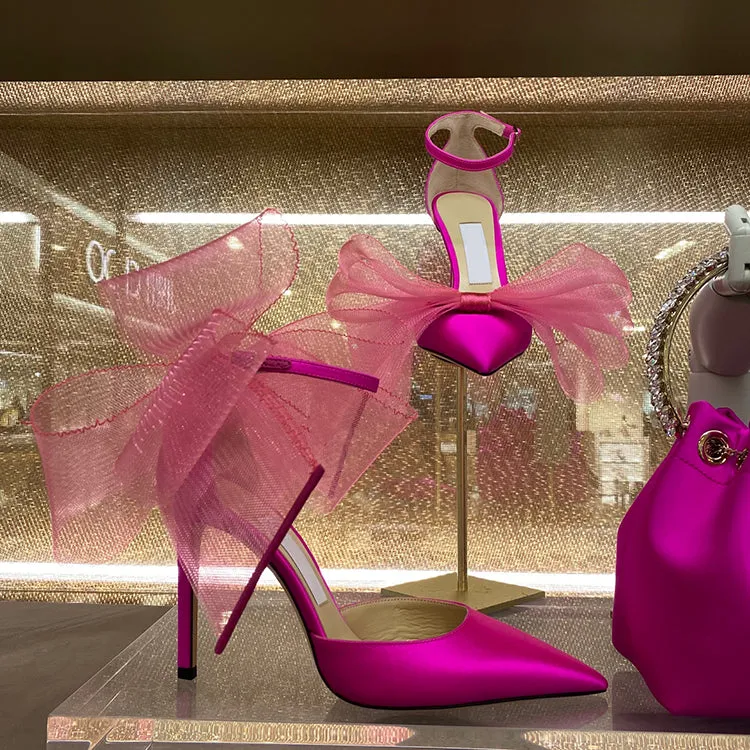 Elegant Silk Buckle Strap Bowknot Mesh Sandals Pointed Toe Stiletto Heel Marry Jane Shoes