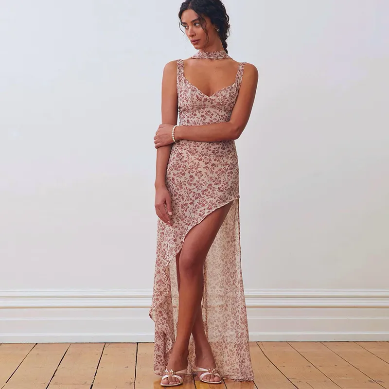 Elowen Floral High Slit Backless Asymmetrical Maxi Dress