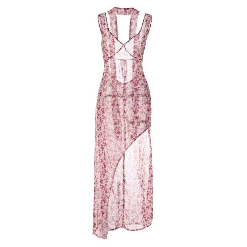 Elowen Floral High Slit Backless Asymmetrical Maxi Dress