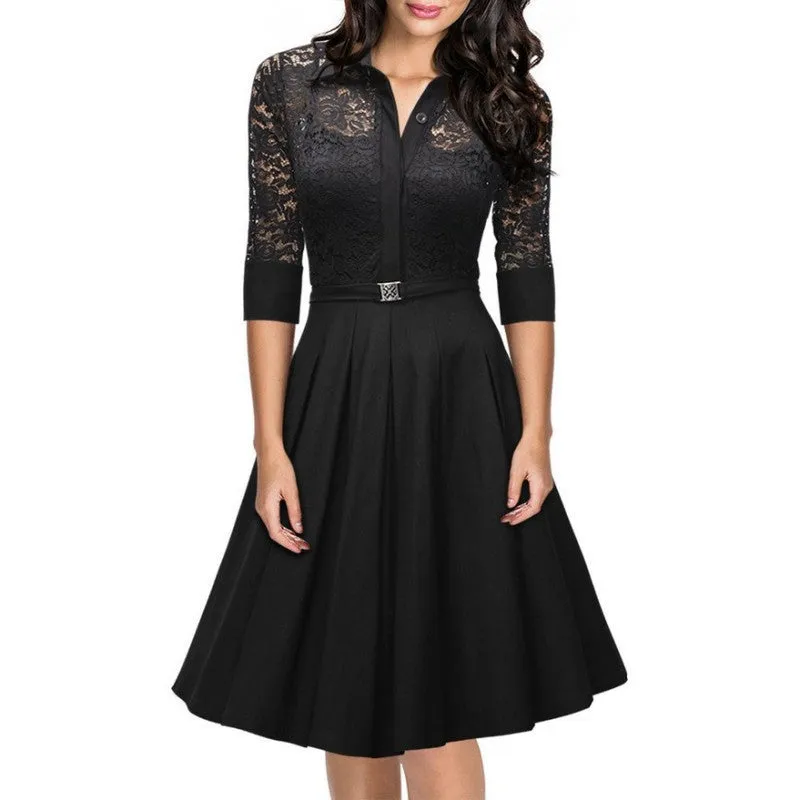 Fashion Women's Vintage 1950s Style 3/4 Sleeve Black Lace Flare A-line Dress Nu