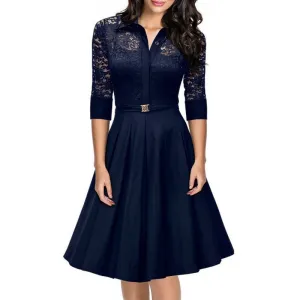 Fashion Women's Vintage 1950s Style 3/4 Sleeve Black Lace Flare A-line Dress Nu