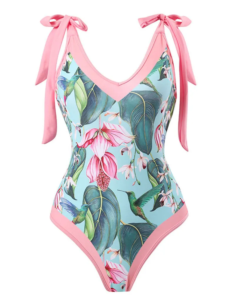 Floral Print Retro Style V Neck One Piece With Bathing Suit Wrap Skirt