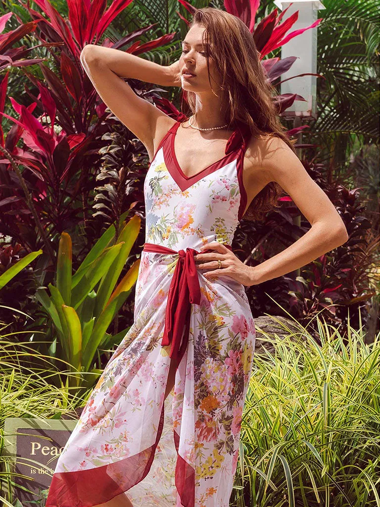 Floral Print Retro Style V Neck One Piece With Bathing Suit Wrap Skirt