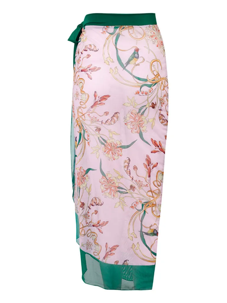 Floral Print Retro Style V Neck One Piece With Bathing Suit Wrap Skirt