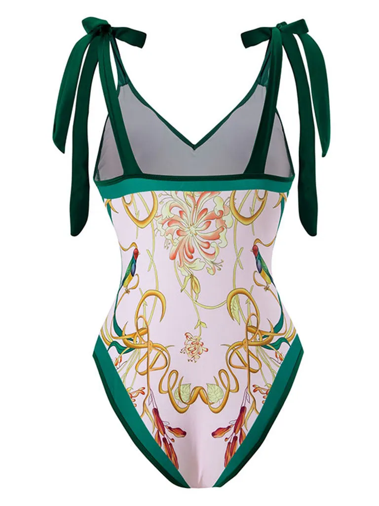 Floral Print Retro Style V Neck One Piece With Bathing Suit Wrap Skirt