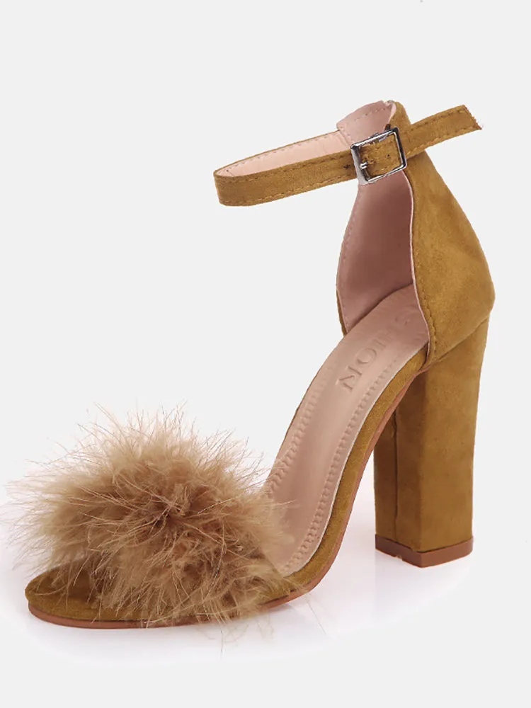 Fur Ankle Strap Sandal Heels
