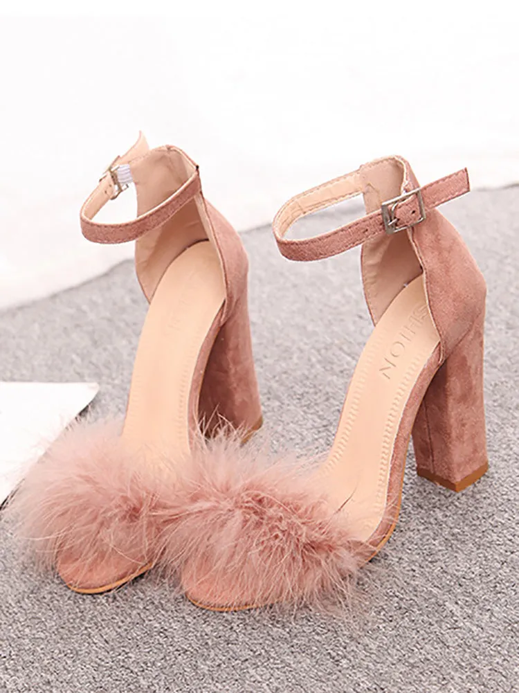 Fur Ankle Strap Sandal Heels