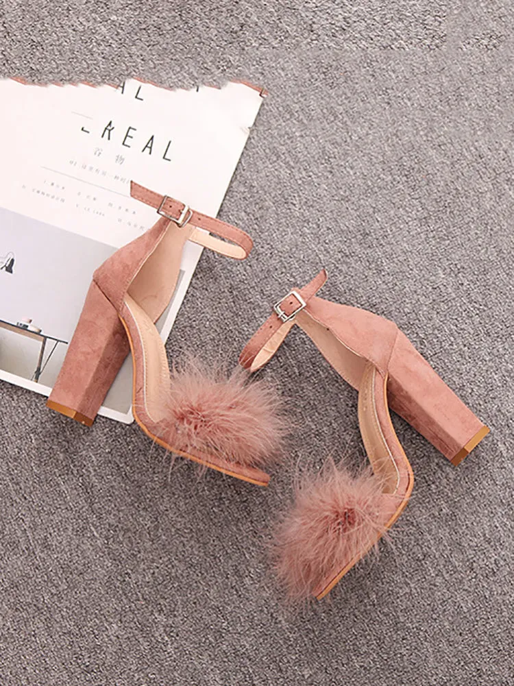 Fur Ankle Strap Sandal Heels