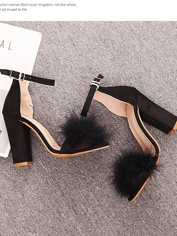 Fur Ankle Strap Sandal Heels
