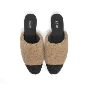 FUZZY CAP MULE (THIN SOLE) WITH FAUX SHEARLING - BLACK & TAN