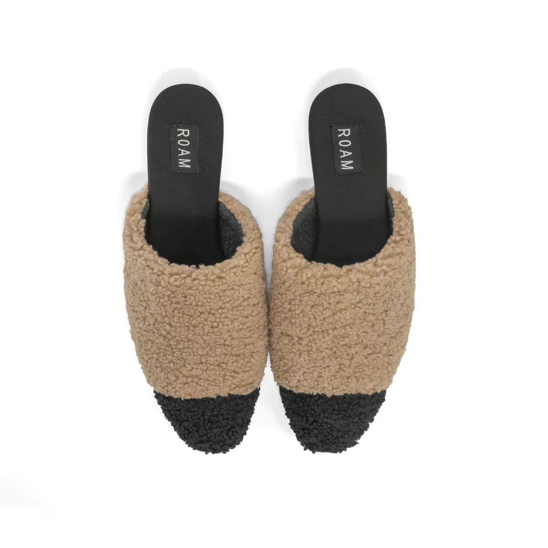 FUZZY CAP MULE (THIN SOLE) WITH FAUX SHEARLING - BLACK & TAN