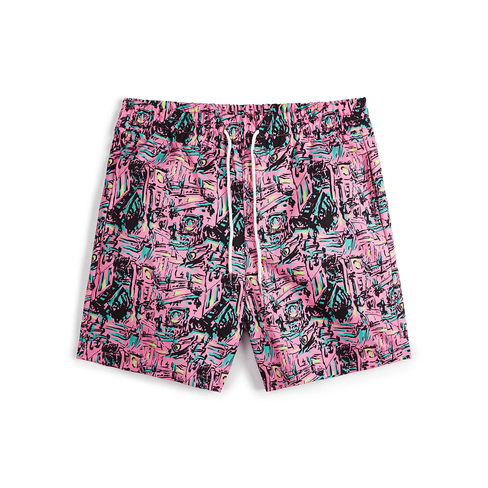 GRAFFITI PRINTED 5'' INSEAM INSEAM SWIM TRUNKS