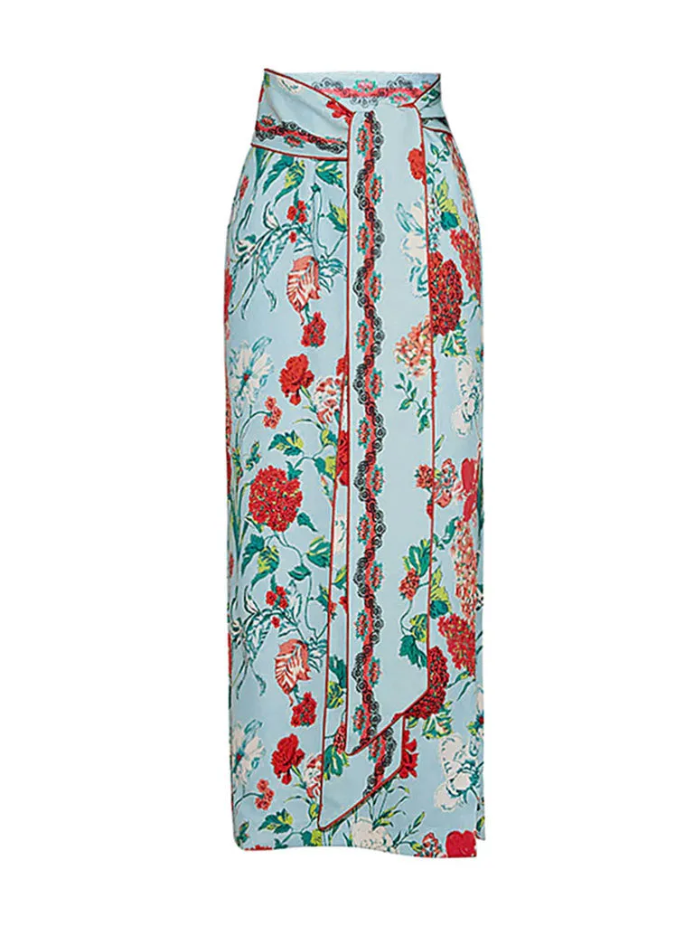 Green Retro Floral Print Puff Sleeve One Piece With Wrap Skirt Swimsuit