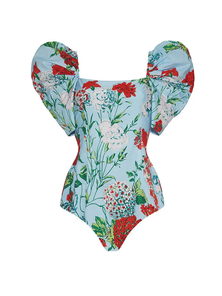 Green Retro Floral Print Puff Sleeve One Piece With Wrap Skirt Swimsuit