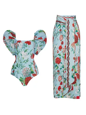 Green Retro Floral Print Puff Sleeve One Piece With Wrap Skirt Swimsuit