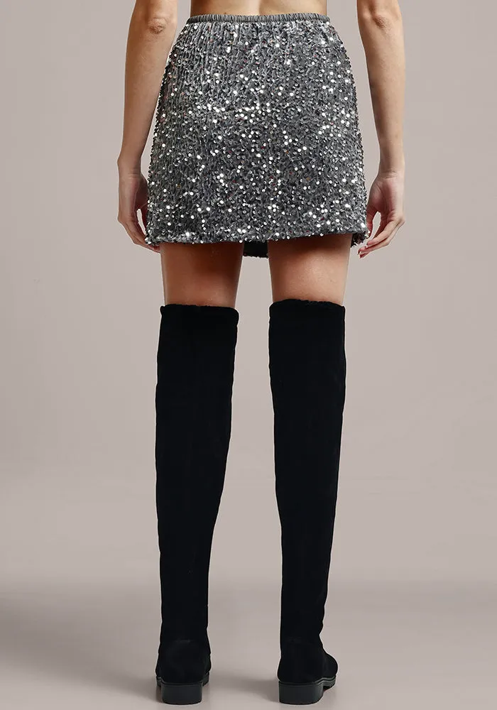 Grey Sequin Velvet Mini Skirt