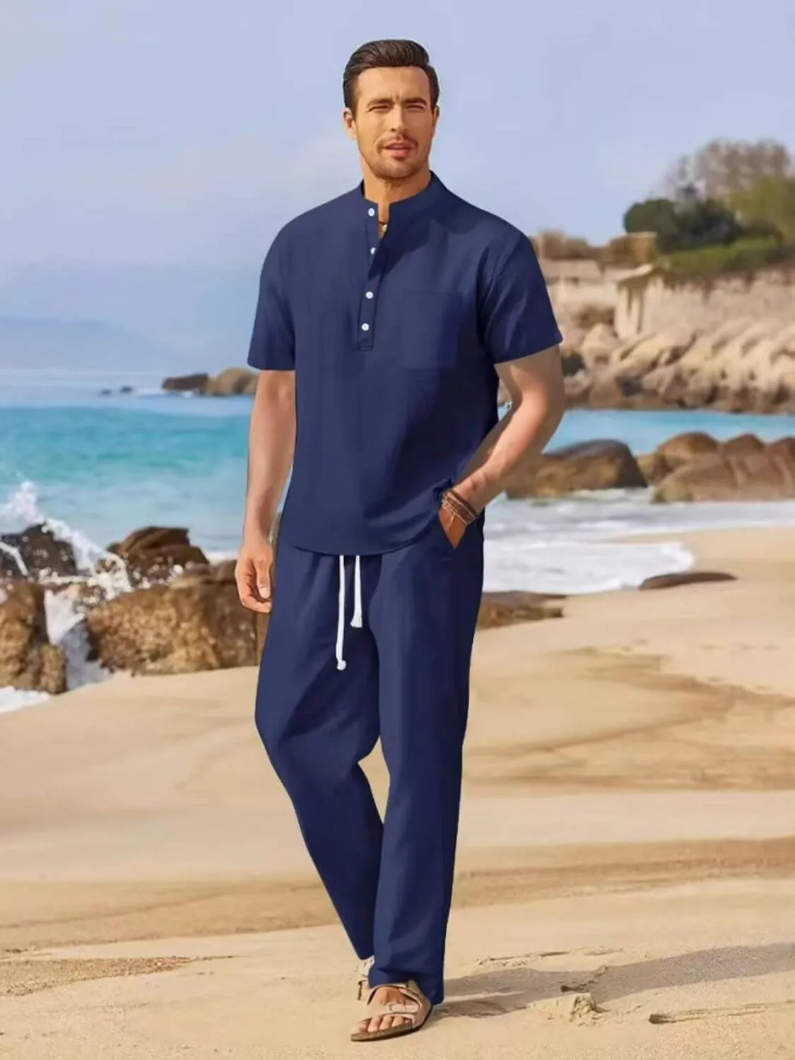 Half Button Top & Drawstring Pants – 2-Piece Set