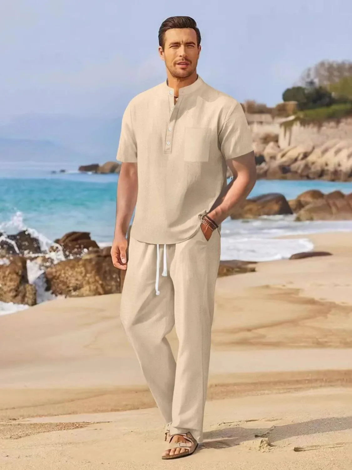 Half Button Top & Drawstring Pants – 2-Piece Set