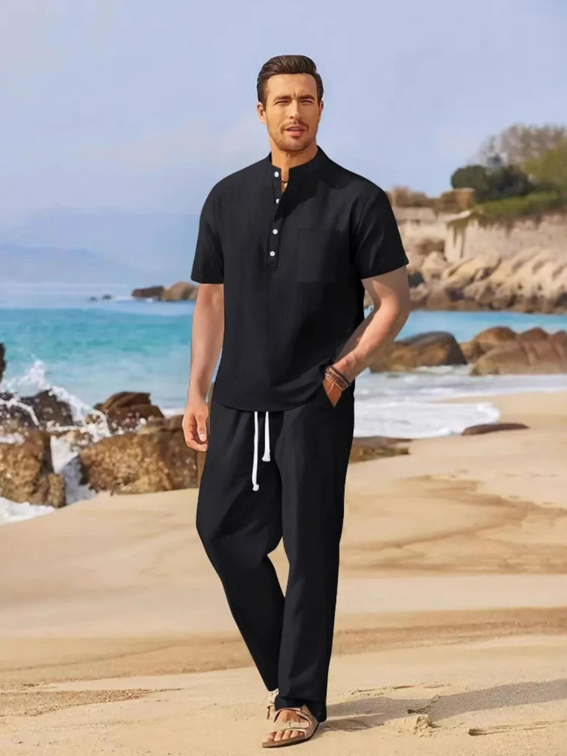 Half Button Top & Drawstring Pants – 2-Piece Set