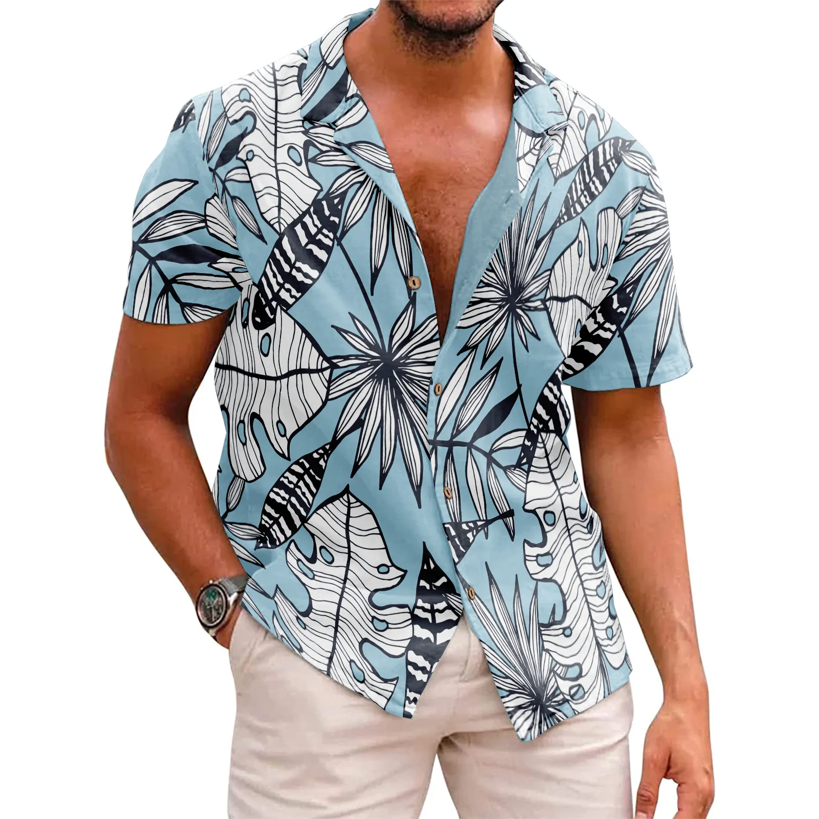 LEAVES PRINTED ALOHA SHIRT